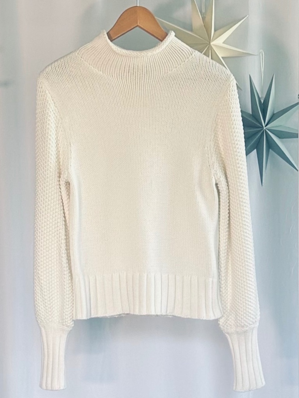 Banana Republic White Textured Popcorn Stitch Mock Neck Balloon Sleeve Sweater M